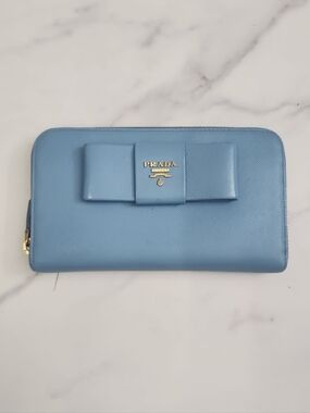 Authentic Blue Saffiano Leather Prada Bow Long Bifold Zippy Wallet